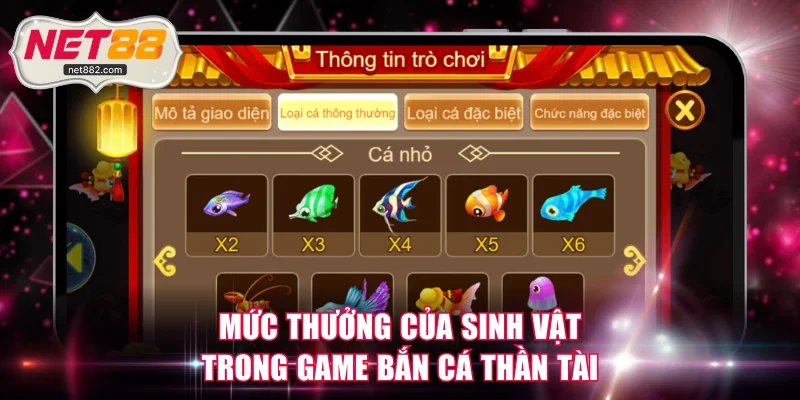 Mức thưởng của sinh vật trong game bắn cá Thần Tài