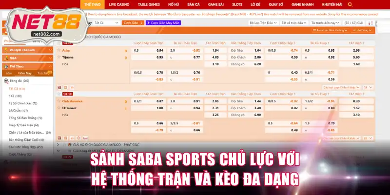 Sảnh Saba Sports chủ lực với hệ thống trận và kèo đa dạng